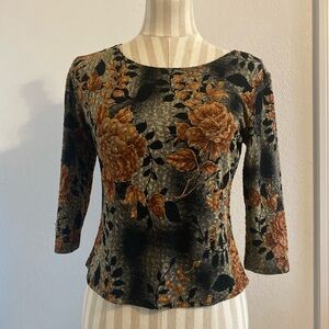 90s Vintage Textured Floral 3/4 Sleeve Top Medium